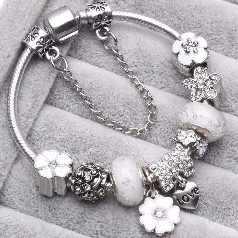 Vintage Silver Charm Bracelet – Crystal Beads for Women - Viva Bella