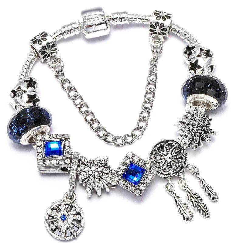 Vintage Silver Charm Bracelet – Crystal Beads for Women - Viva Bella