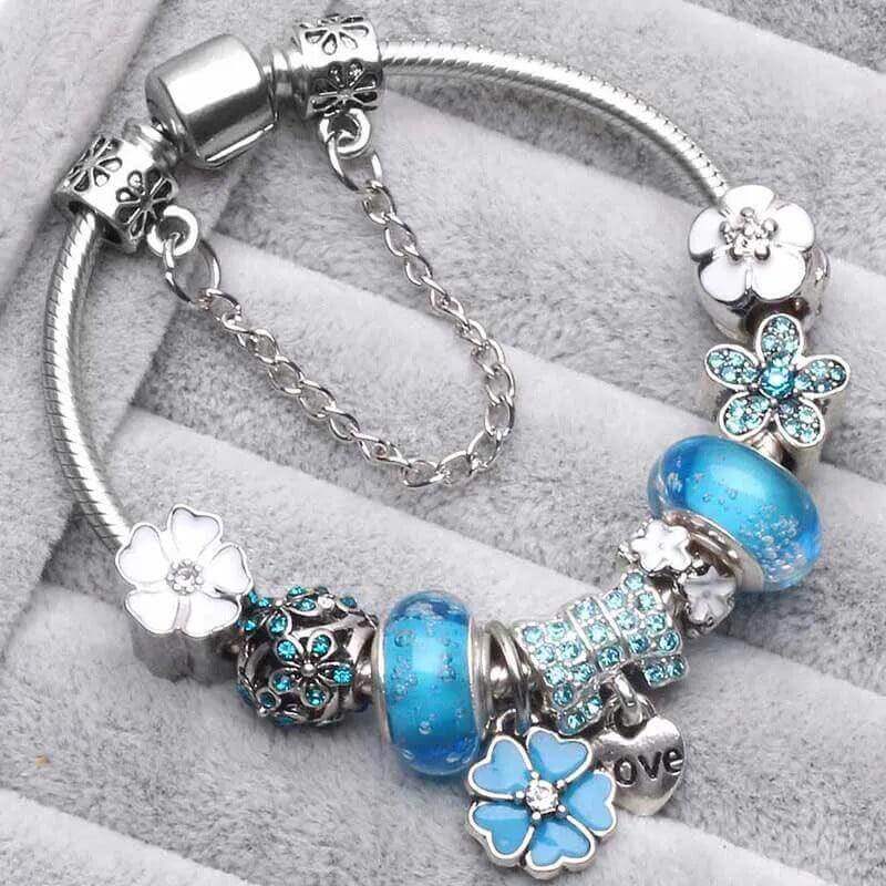 Vintage Silver Charm Bracelet – Crystal Beads for Women - Viva Bella