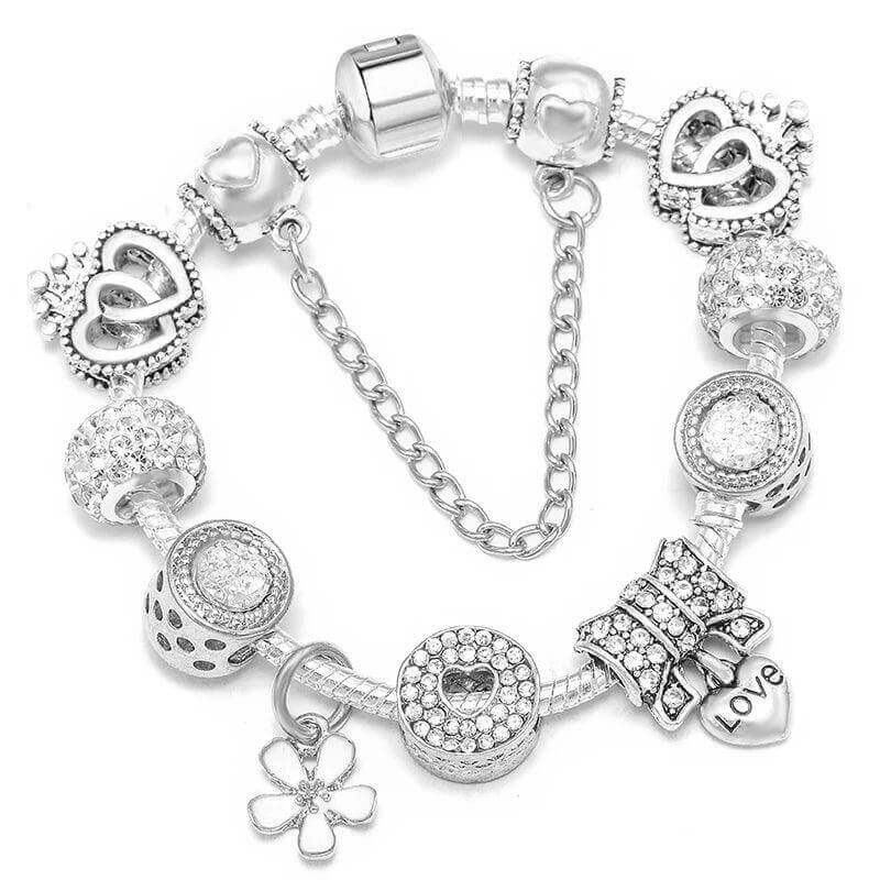 Vintage Silver Charm Bracelet – Crystal Beads for Women - Viva Bella