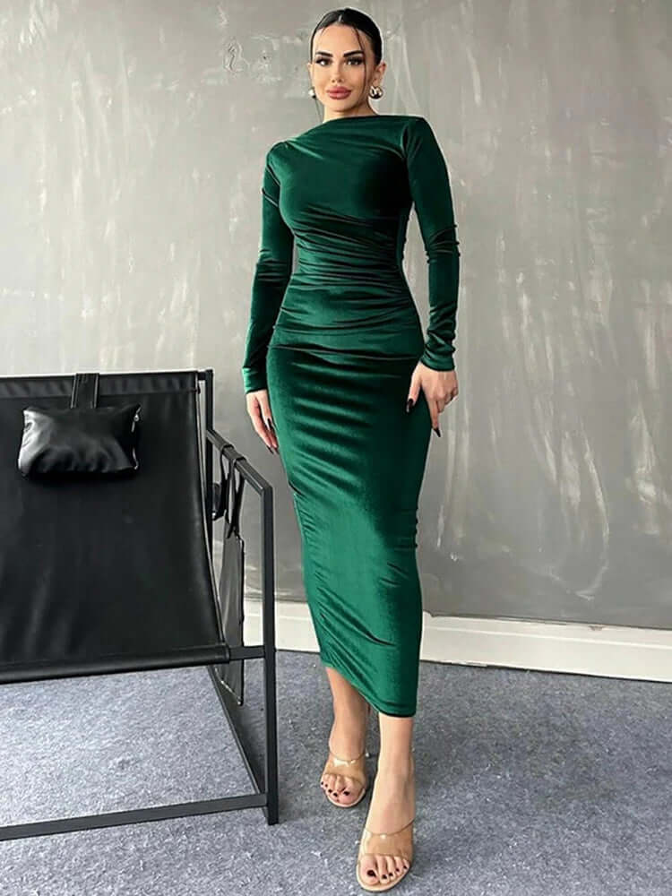 Velvet Midi Dress – Ruched Elegant Evening Wear - Viva Bella
