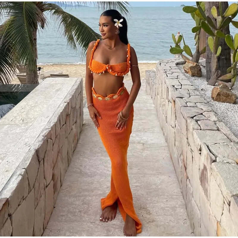 Twisted Knit Beach Set – High Waist Skirt & Shell Bra - Viva Bella