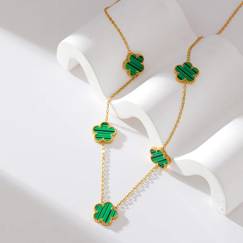 Stainless Steel White 5 Flowers Necklace - Viva Bella