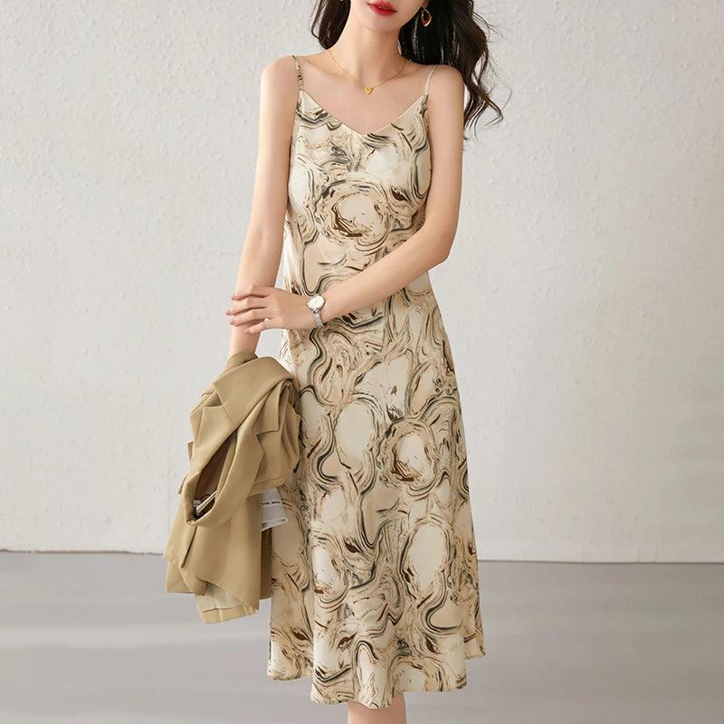 Elegant Print Midi Dress – Slim Fit Sundress for Casual Autumn Looks - Viva Bella