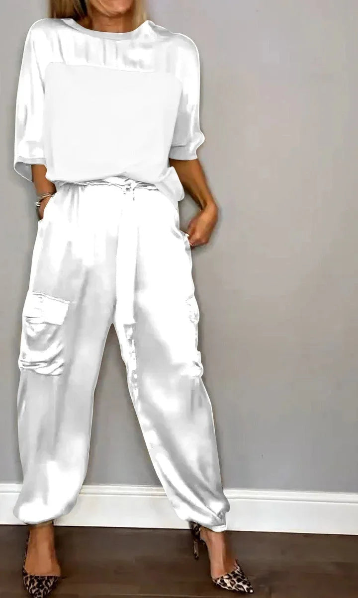 Satin Long-Sleeve Top & Matching Wide-Leg Pants – Timeless Luxe - Viva Bella