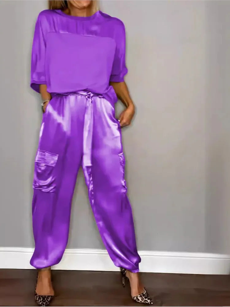 Satin Long-Sleeve Top & Matching Wide-Leg Pants – Timeless Luxe - Viva Bella