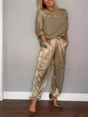 Satin Long-Sleeve Top & Matching Wide-Leg Pants – Timeless Luxe - Viva Bella