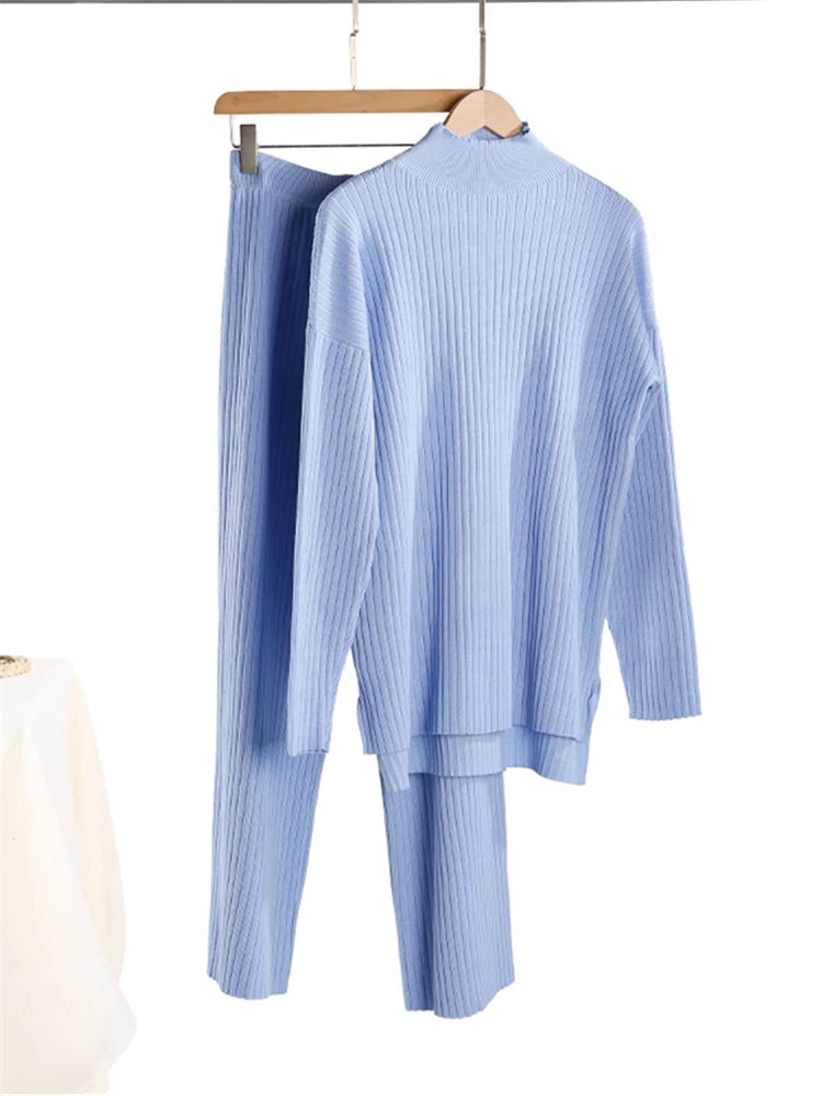 Autumn Winter 2 Pieces Women Sets Knitted Tracksuit Turtleneck Sweater and Straight Jogging Pants Suits - Viva Bella