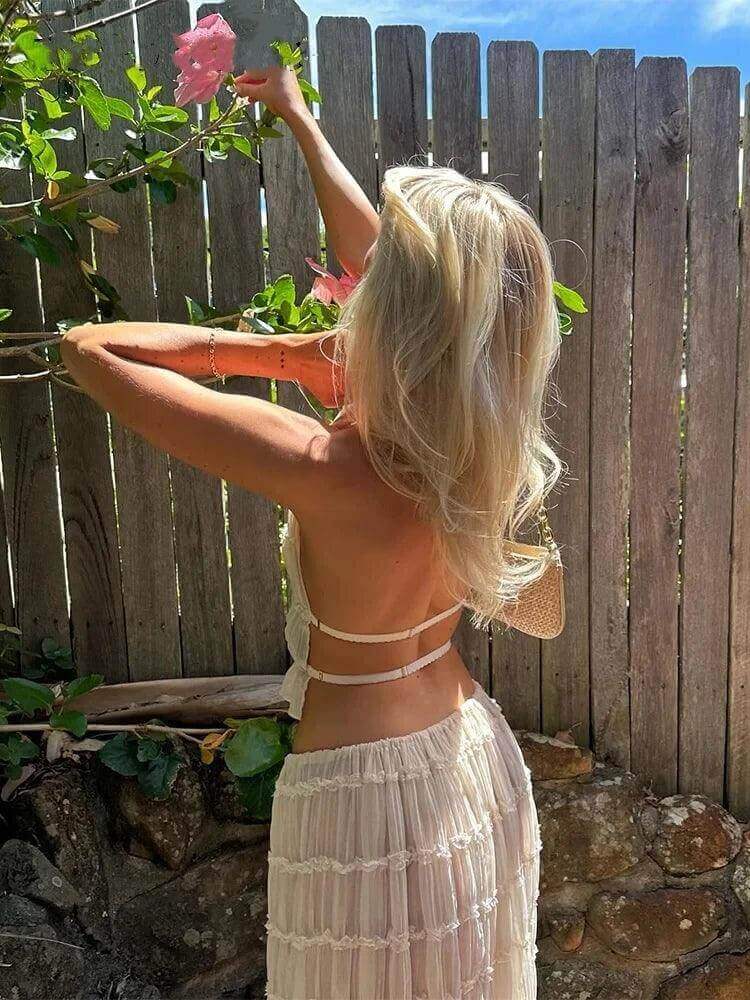 Backless Ruched Beach Set – Halter Top & Long Skirt Two-Piece Outfit - Viva Bella
