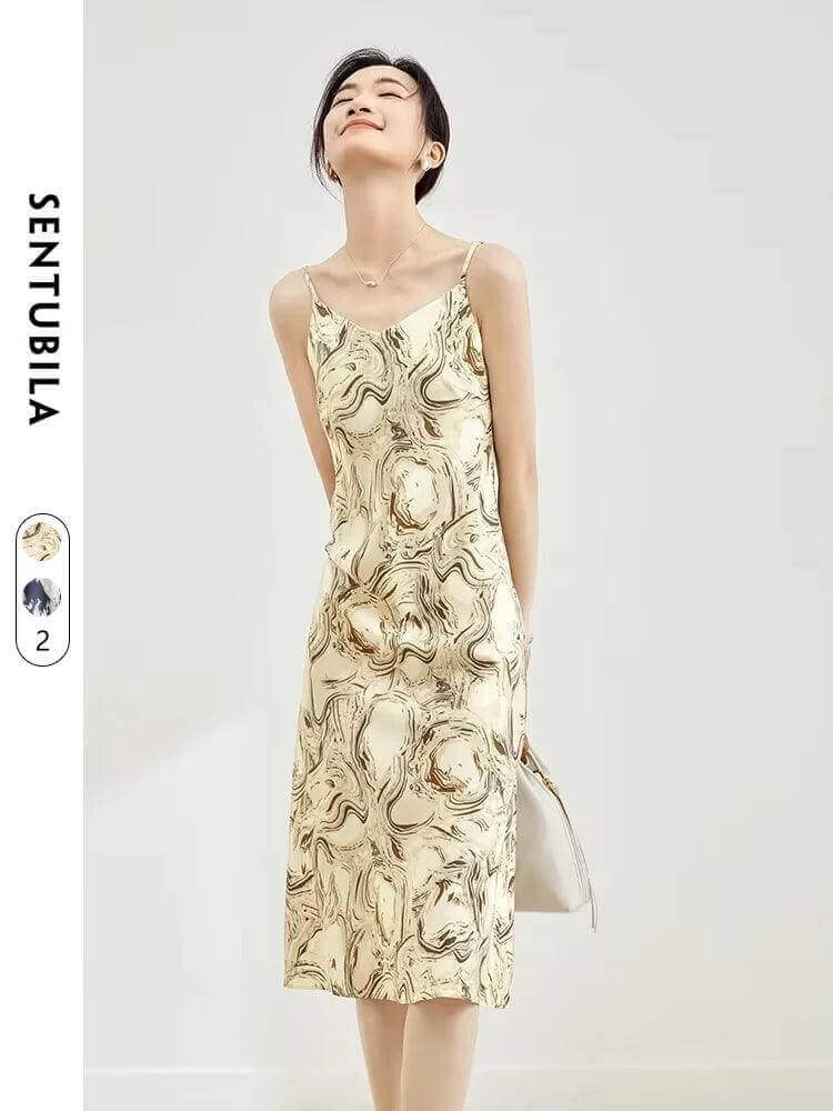 Elegant Print Midi Dress – Slim Fit Sundress for Casual Autumn Looks - Viva Bella