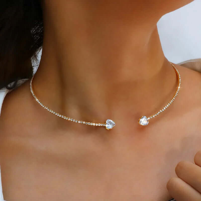 Rhinestone Heart Choker – Elegant Open Collar Necklace - Viva Bella
