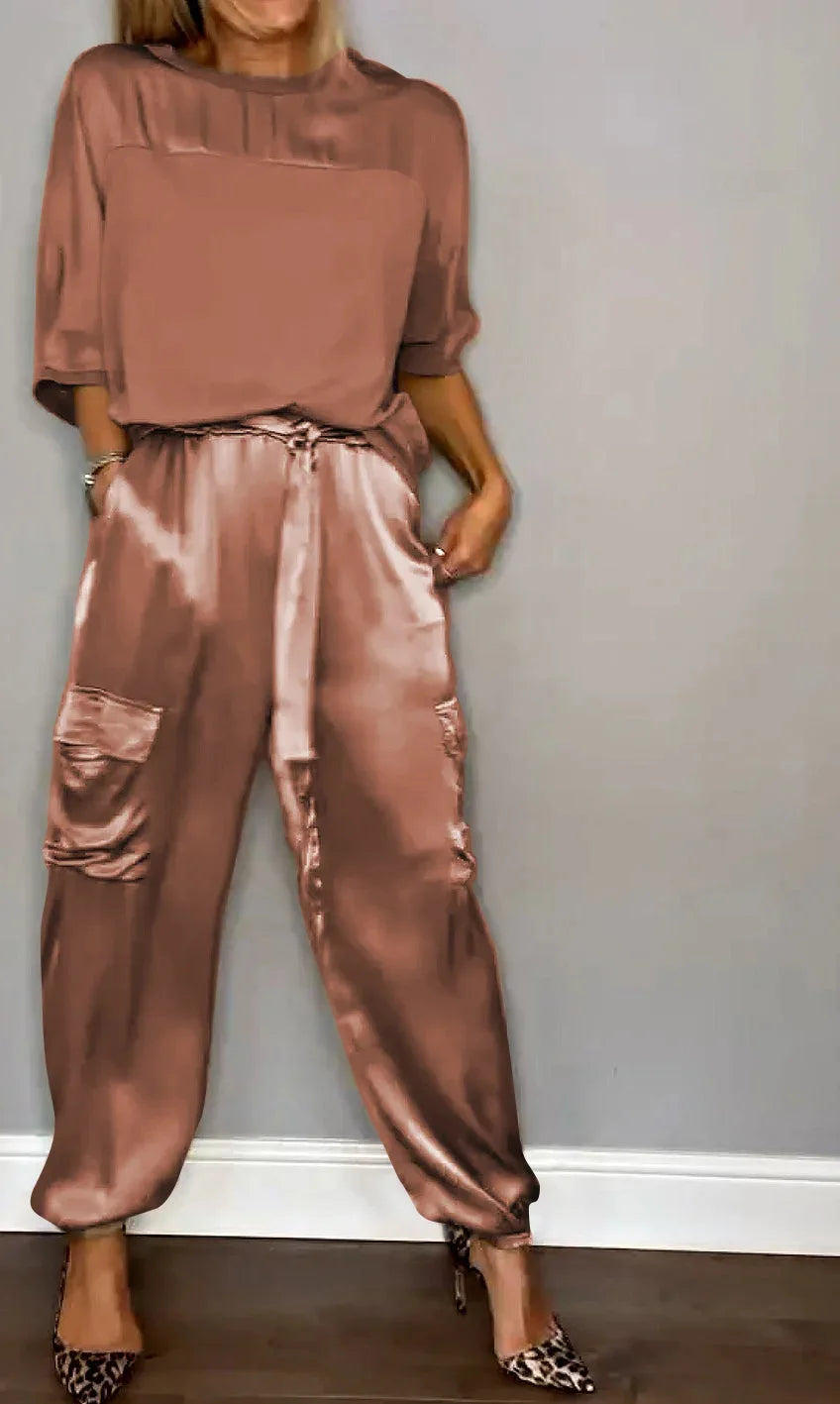 Satin Long-Sleeve Top & Matching Wide-Leg Pants – Timeless Luxe - Viva Bella
