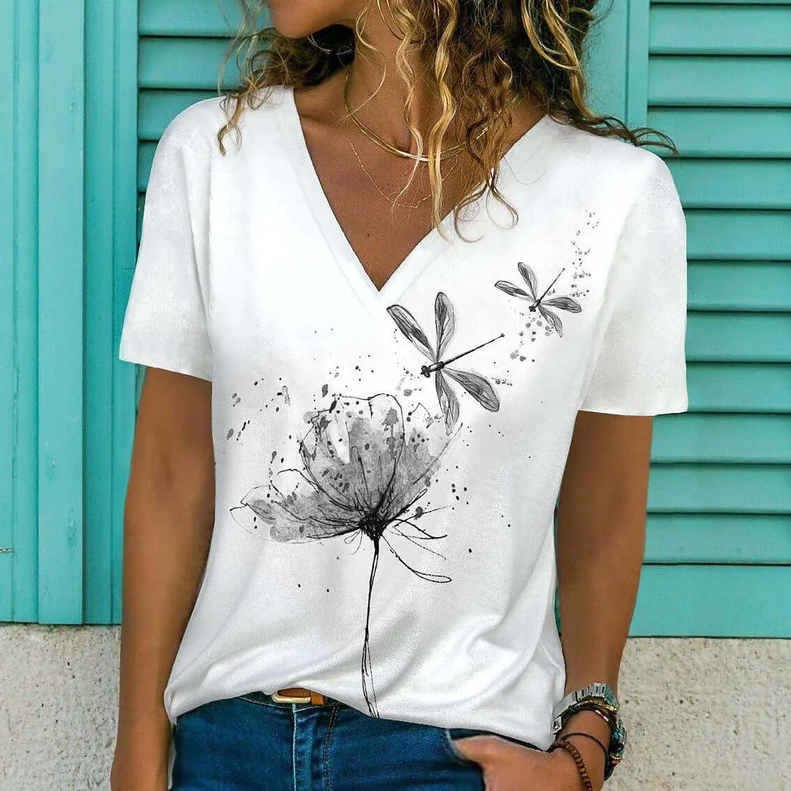 Women V-neck 3d Dragonfly Print T Shirt - Viva Bella