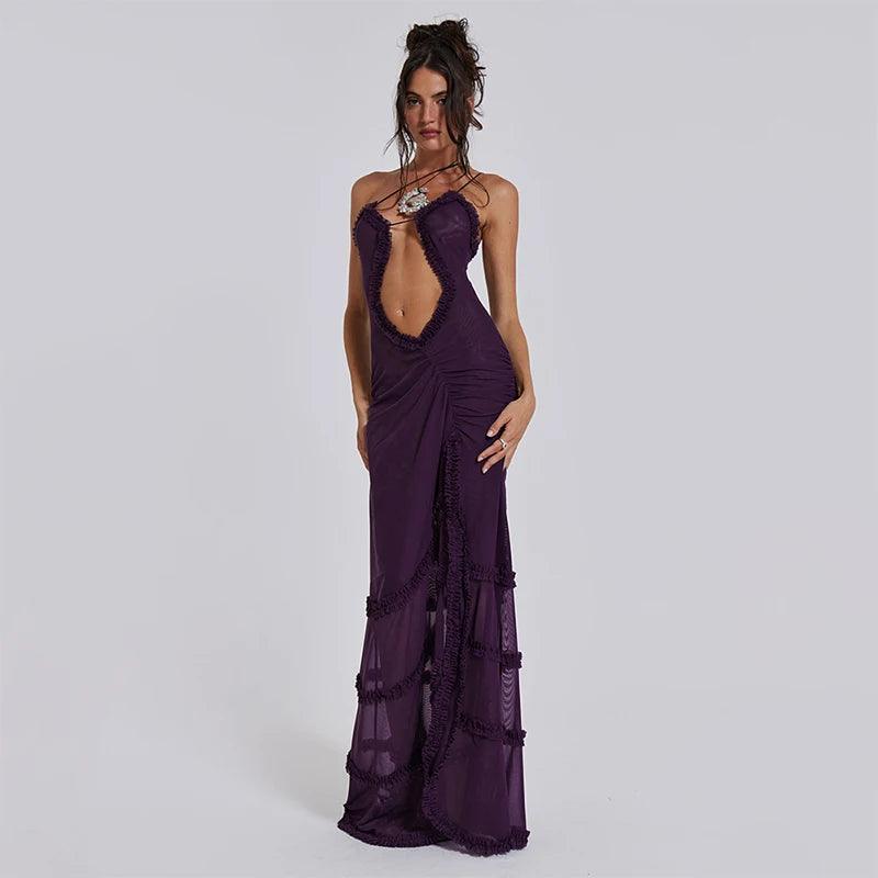 Luxury Furry Halter Dress – Split Evening Gown for Special Occasions - Viva Bella