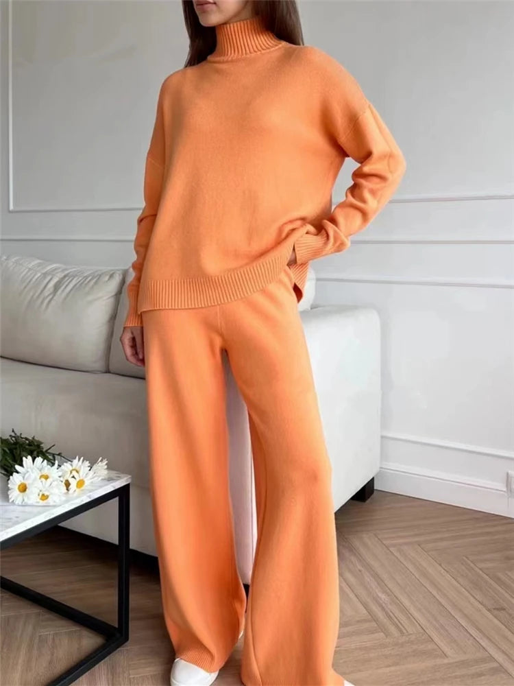 Autumn Winter 2 Pieces Women Sets Knitted Tracksuit Turtleneck Sweater and Straight Jogging Pants Suits - Viva Bella