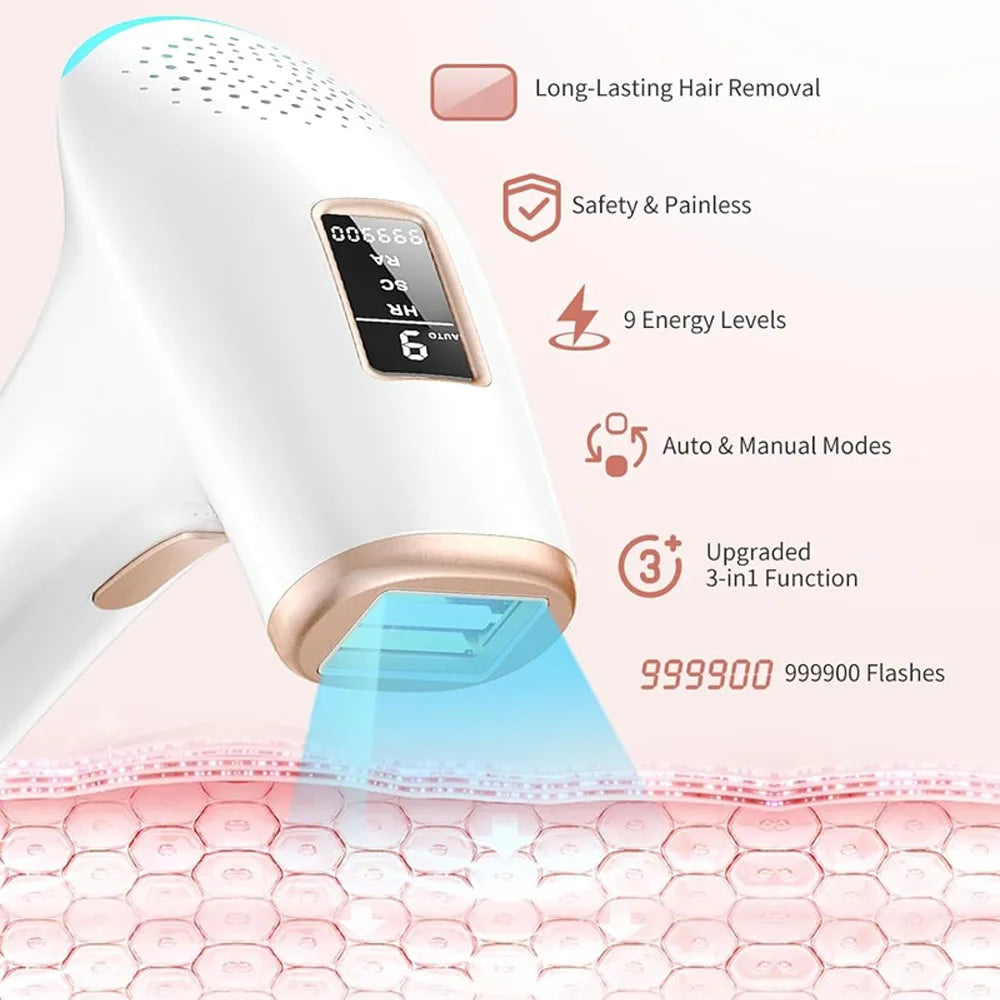 IPL Hair Removal Laser Device 999900 + Flashes Auto Manual Dual Mode for Men Women Facial Bikini Hair Laser in 4 Weeks Home Use