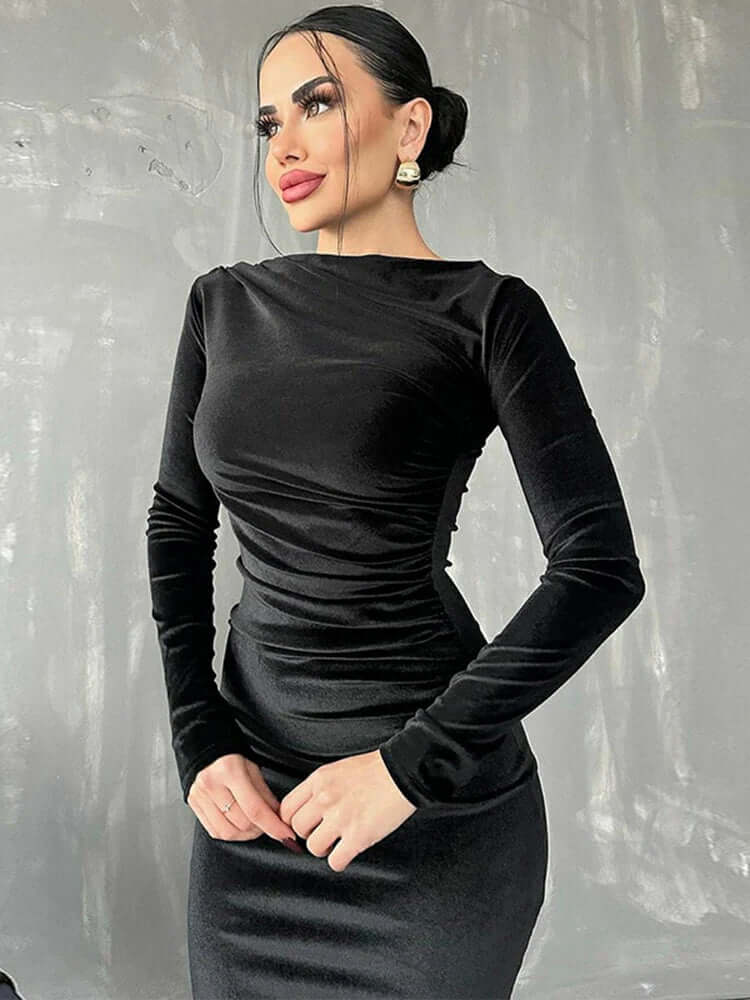 Velvet Midi Dress – Ruched Elegant Evening Wear - Viva Bella