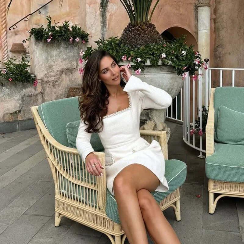 2024 Summer New Women's White Long Sleeved Square Neck Diamond Pocket Decoration A-line Dress Bodycon Celebrity Party Mini Dress - Viva Bella