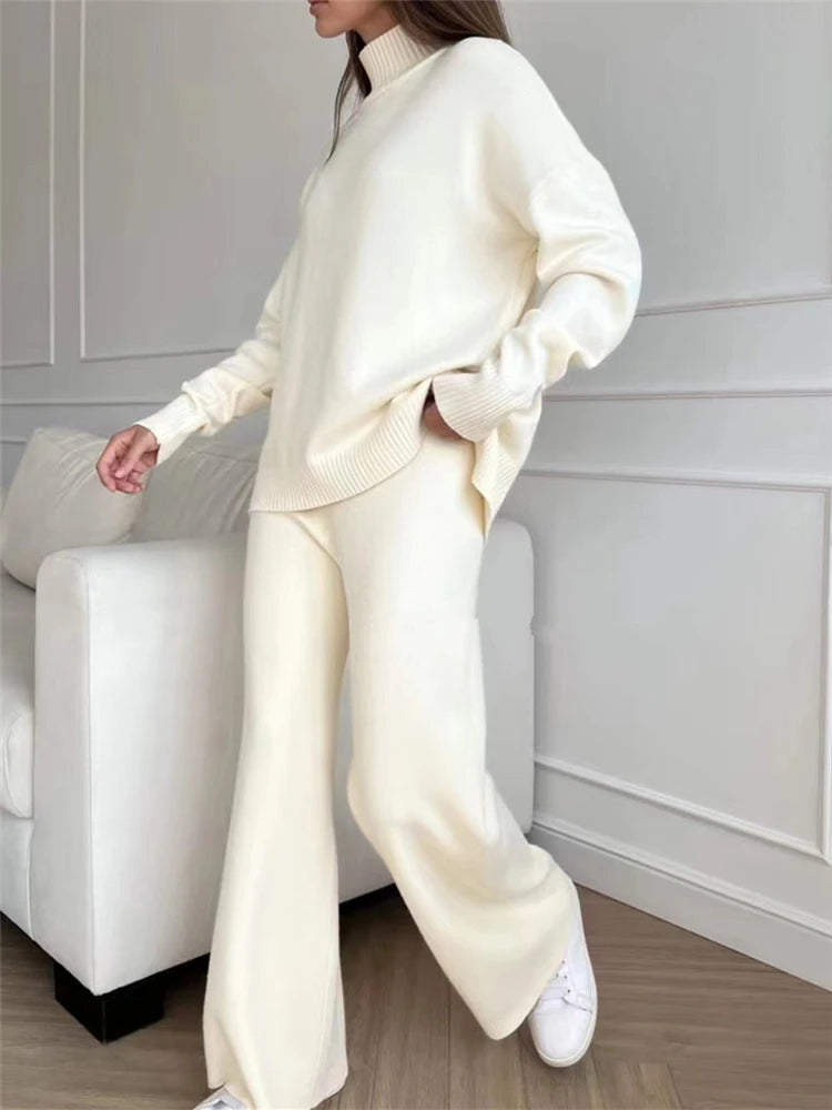 Autumn Winter 2 Pieces Women Sets Knitted Tracksuit Turtleneck Sweater and Straight Jogging Pants Suits - Viva Bella