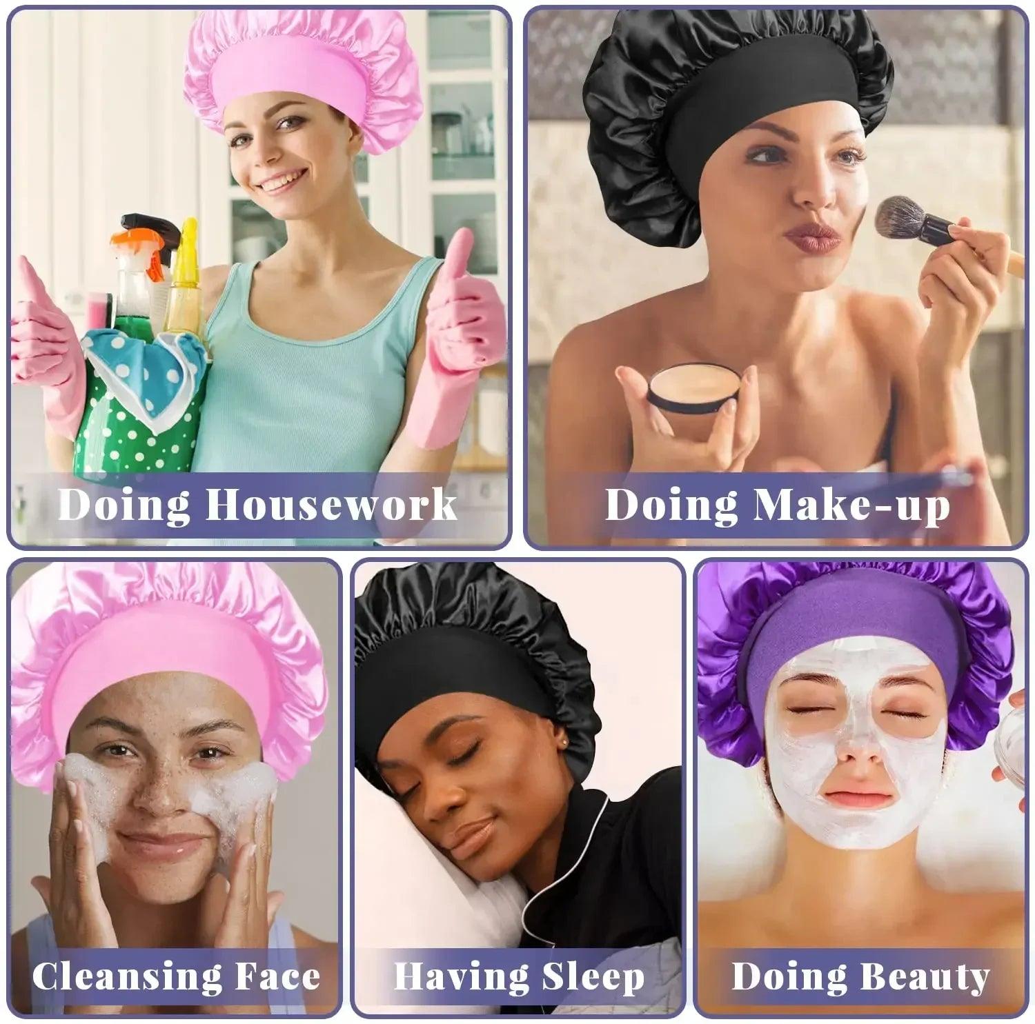 1pcs Soft Silk Satin Lined Bonnet Large Satin Hair Bonnet Household Sleep Shower Cap Hair Wrap Cover for Long Hair Salon Tool - Viva Bella