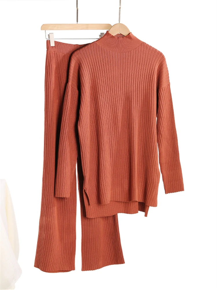 Autumn Winter 2 Pieces Women Sets Knitted Tracksuit Turtleneck Sweater and Straight Jogging Pants Suits - Viva Bella