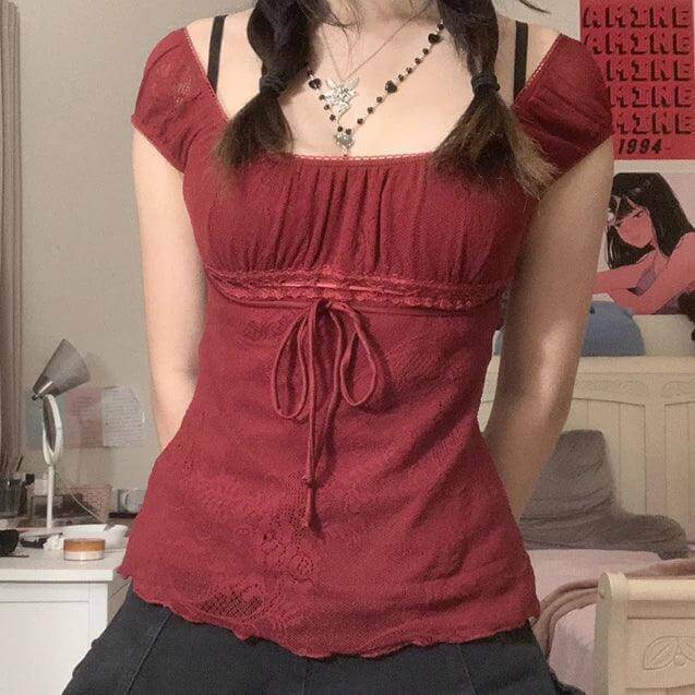 Square Collar Bow Crop Top - Vintage Y2K Grunge Style - Viva Bella