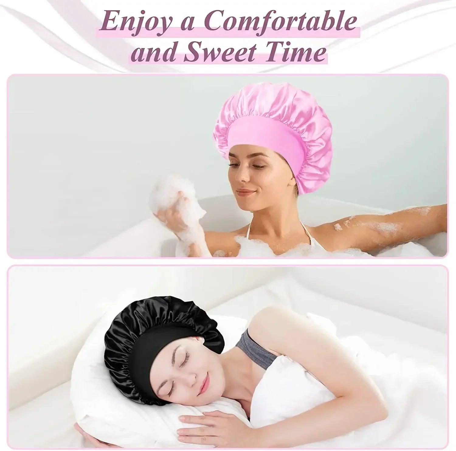 1pcs Soft Silk Satin Lined Bonnet Large Satin Hair Bonnet Household Sleep Shower Cap Hair Wrap Cover for Long Hair Salon Tool - Viva Bella
