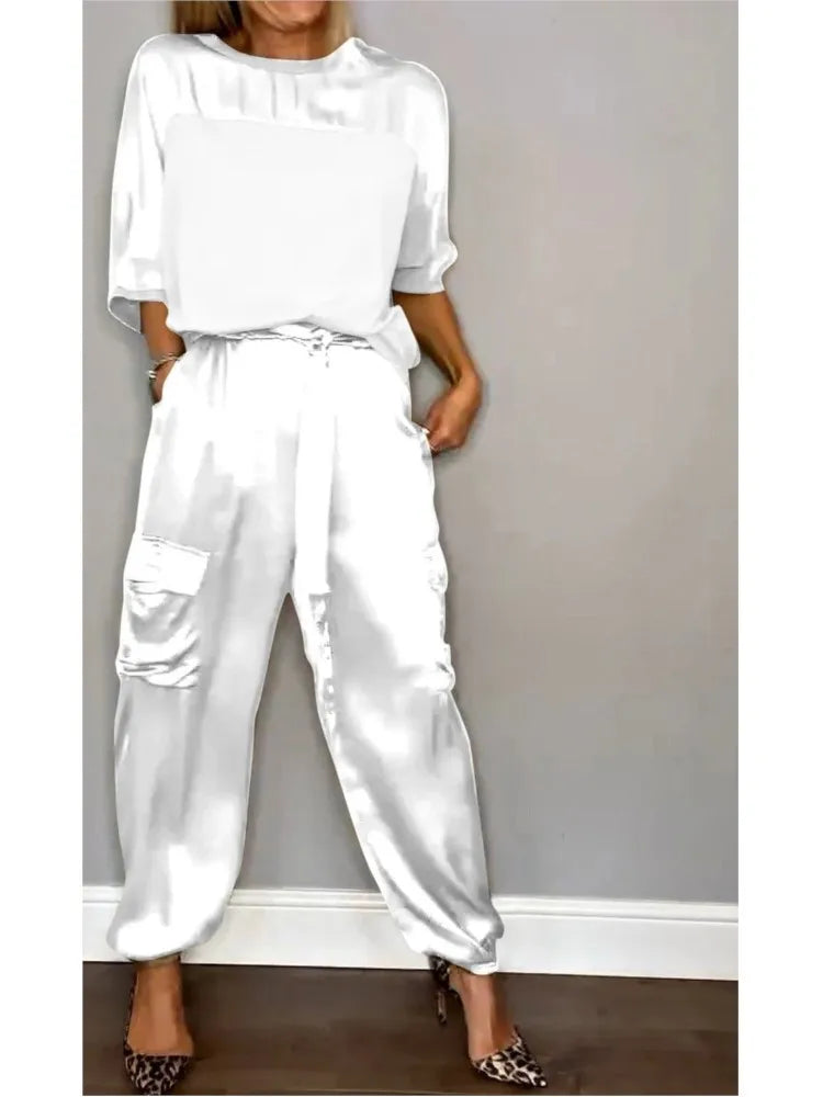 Satin Long-Sleeve Top & Matching Wide-Leg Pants – Timeless Luxe - Viva Bella