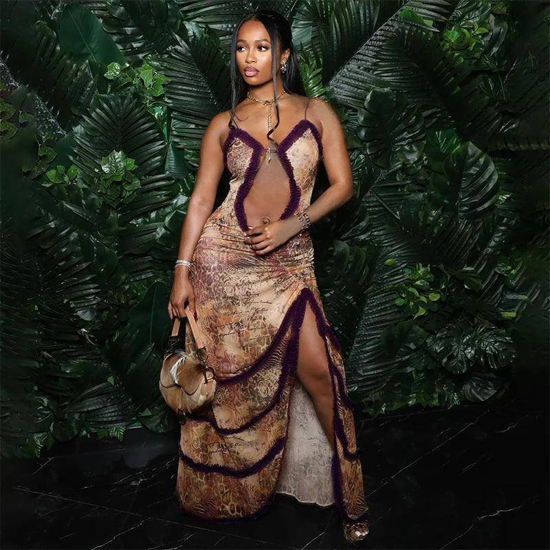 Luxury Furry Halter Dress – Split Evening Gown for Special Occasions - Viva Bella