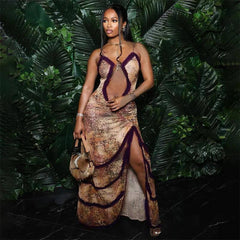 Luxury Furry Halter Dress – Split Evening Gown for Special Occasions - Viva Bella
