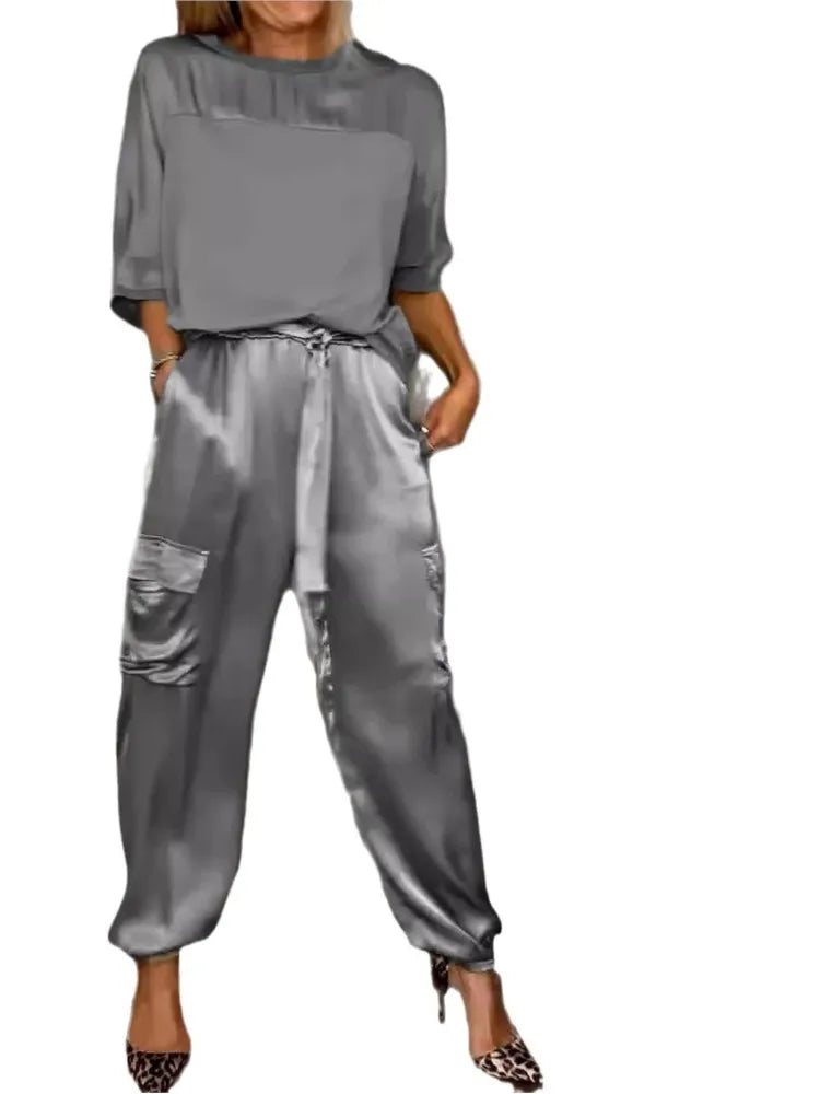 Satin Long-Sleeve Top & Matching Wide-Leg Pants – Timeless Luxe - Viva Bella