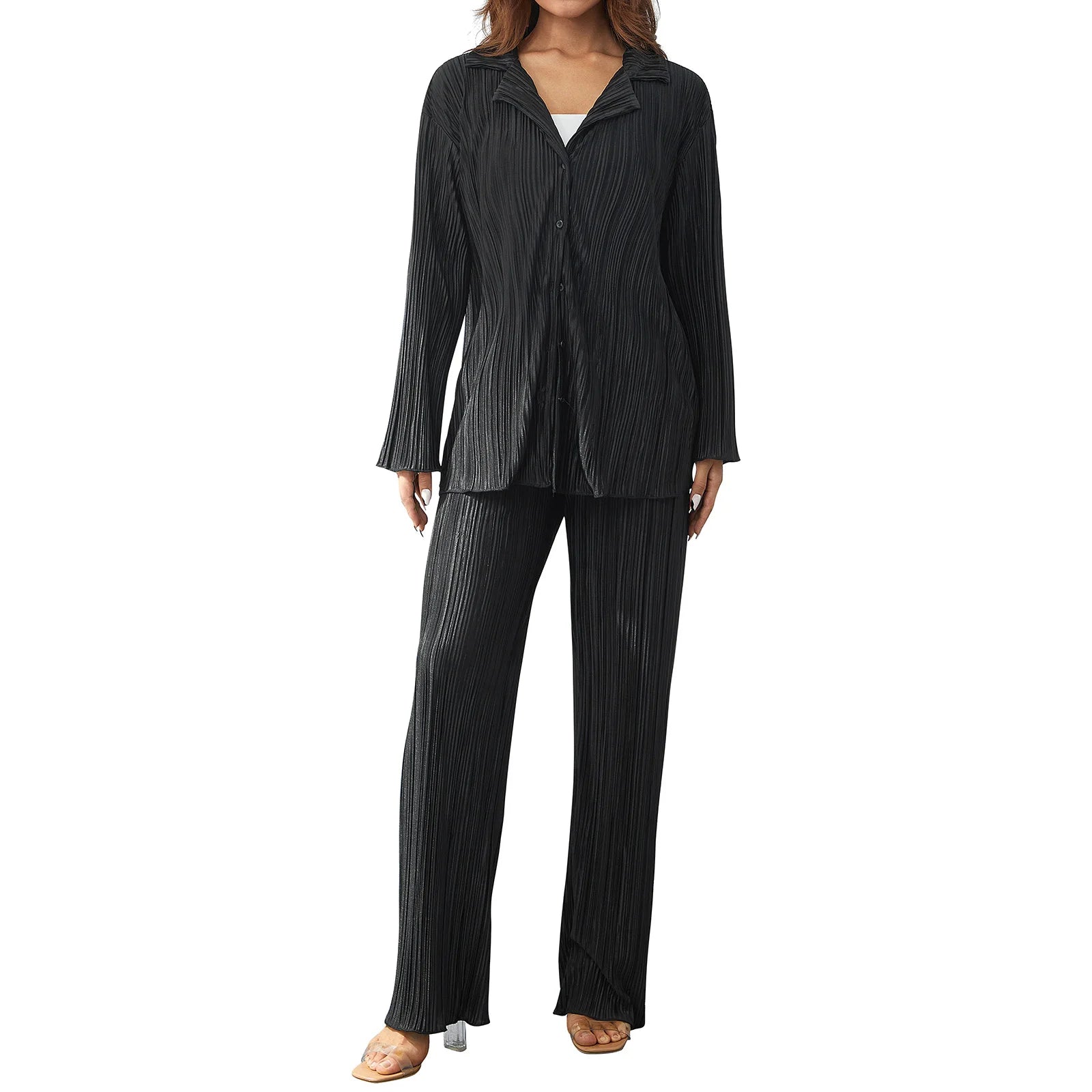 Soft Button-Down Shirt & Pleated Pants Set – Effortless Power Dressing - Viva Bella