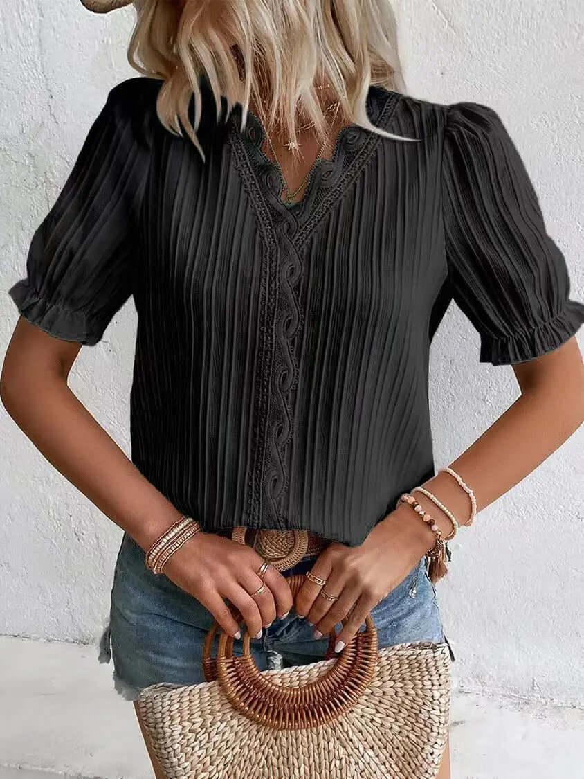 Fashion V-neck Patchwork Tops - Viva Bella