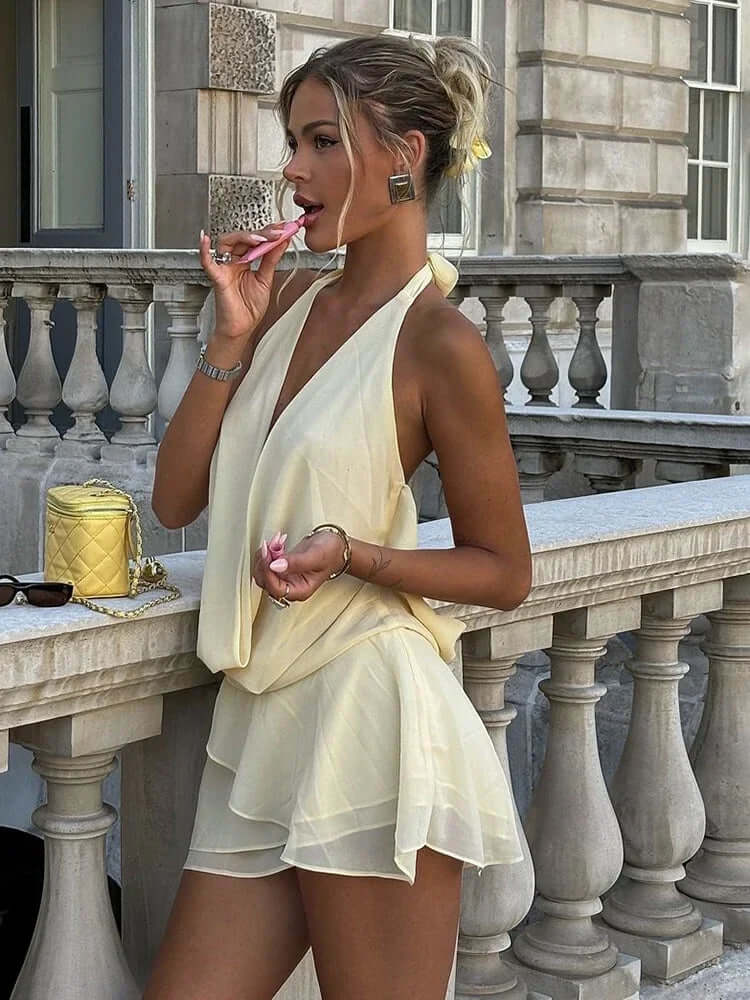 Draped Backless Mini Dress – Sexy Halter See-Through Look - Viva Bella