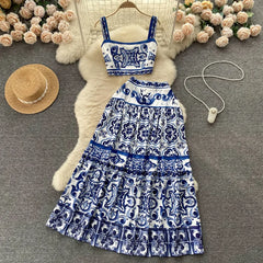 Porcelain Print Summer Set – Crop Top + Maxi Skirt
