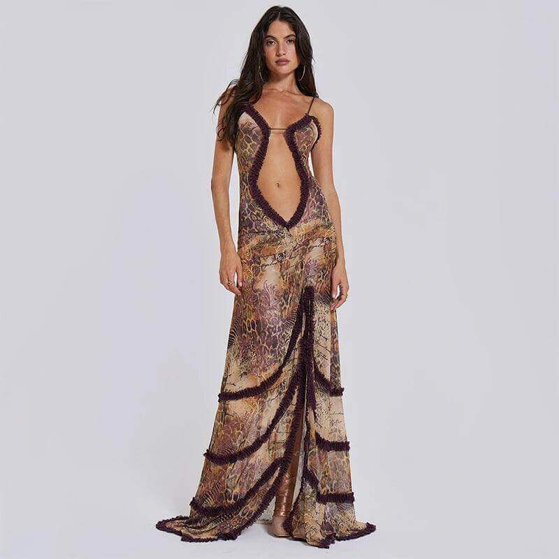 Luxury Furry Halter Dress – Split Evening Gown for Special Occasions - Viva Bella