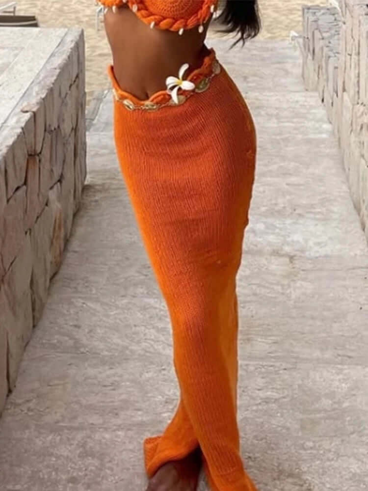 Twisted Knit Beach Set – High Waist Skirt & Shell Bra - Viva Bella