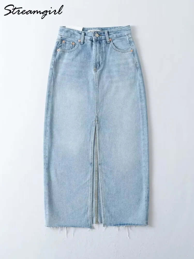 Front Slit Denim Maxi Skirt – Chic & Timeless Style - Viva Bella