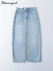 Front Slit Denim Maxi Skirt – Chic & Timeless Style - Viva Bella