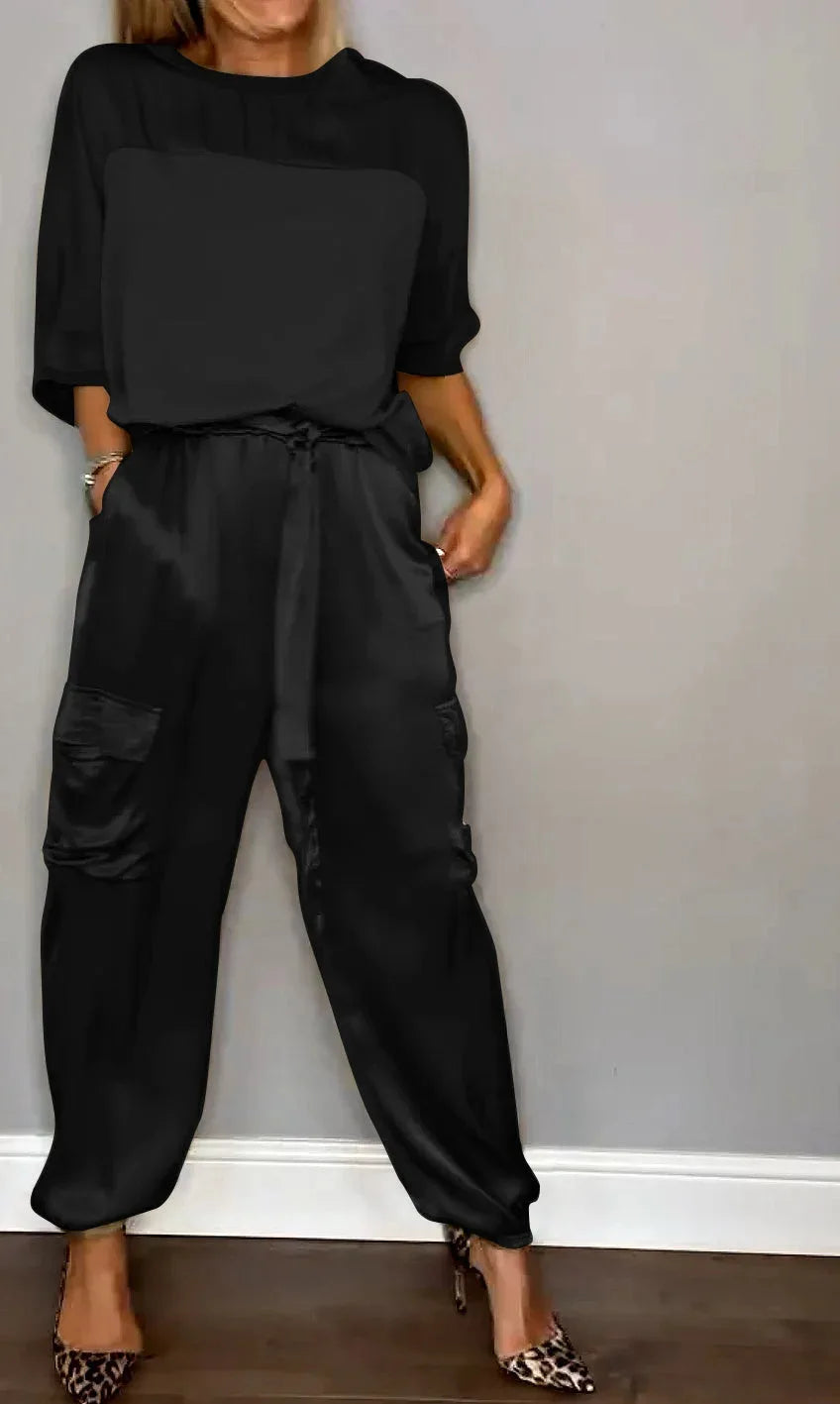 Satin Long-Sleeve Top & Matching Wide-Leg Pants – Timeless Luxe - Viva Bella