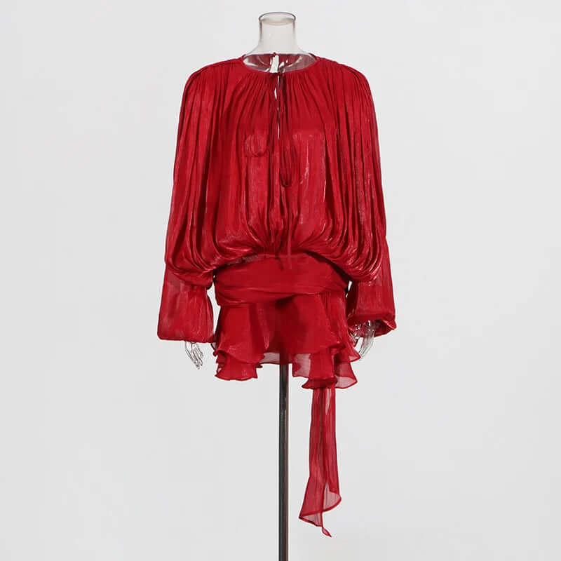 Lace-Up Blouse Mini Dress – V-Neck Long Sleeve Elegance - Viva Bella