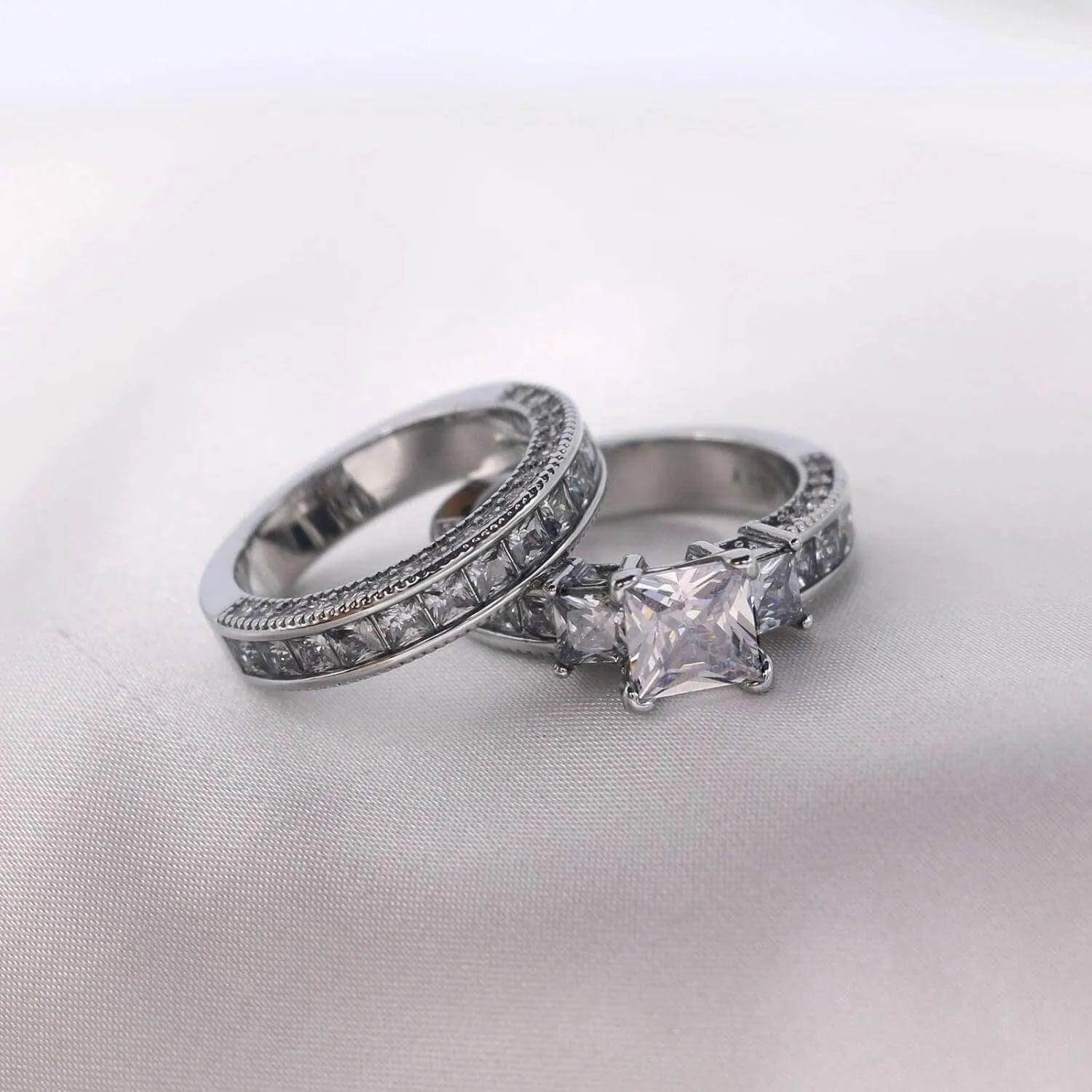 Couple Rings Set – Zirconia & Stainless Steel Wedding Jewelry - Viva Bella
