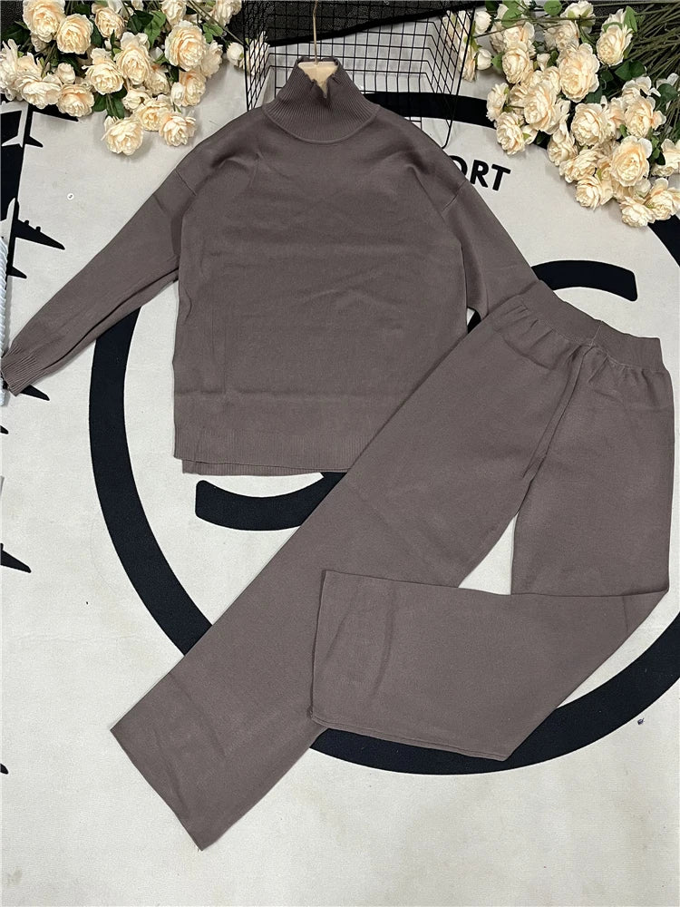 Autumn Winter 2 Pieces Women Sets Knitted Tracksuit Turtleneck Sweater and Straight Jogging Pants Suits - Viva Bella