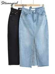 Front Slit Denim Maxi Skirt – Chic & Timeless Style - Viva Bella