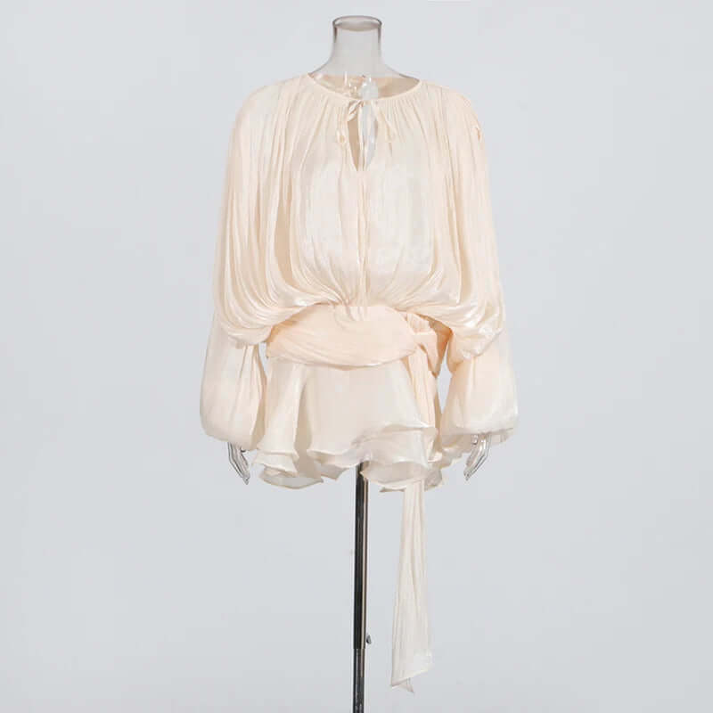 Lace-Up Blouse Mini Dress – V-Neck Long Sleeve Elegance - Viva Bella