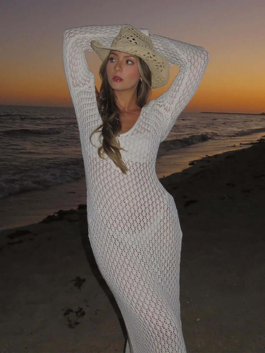 White Knit Beach Cover-Up – Backless & Hollow-Out - Viva Bella