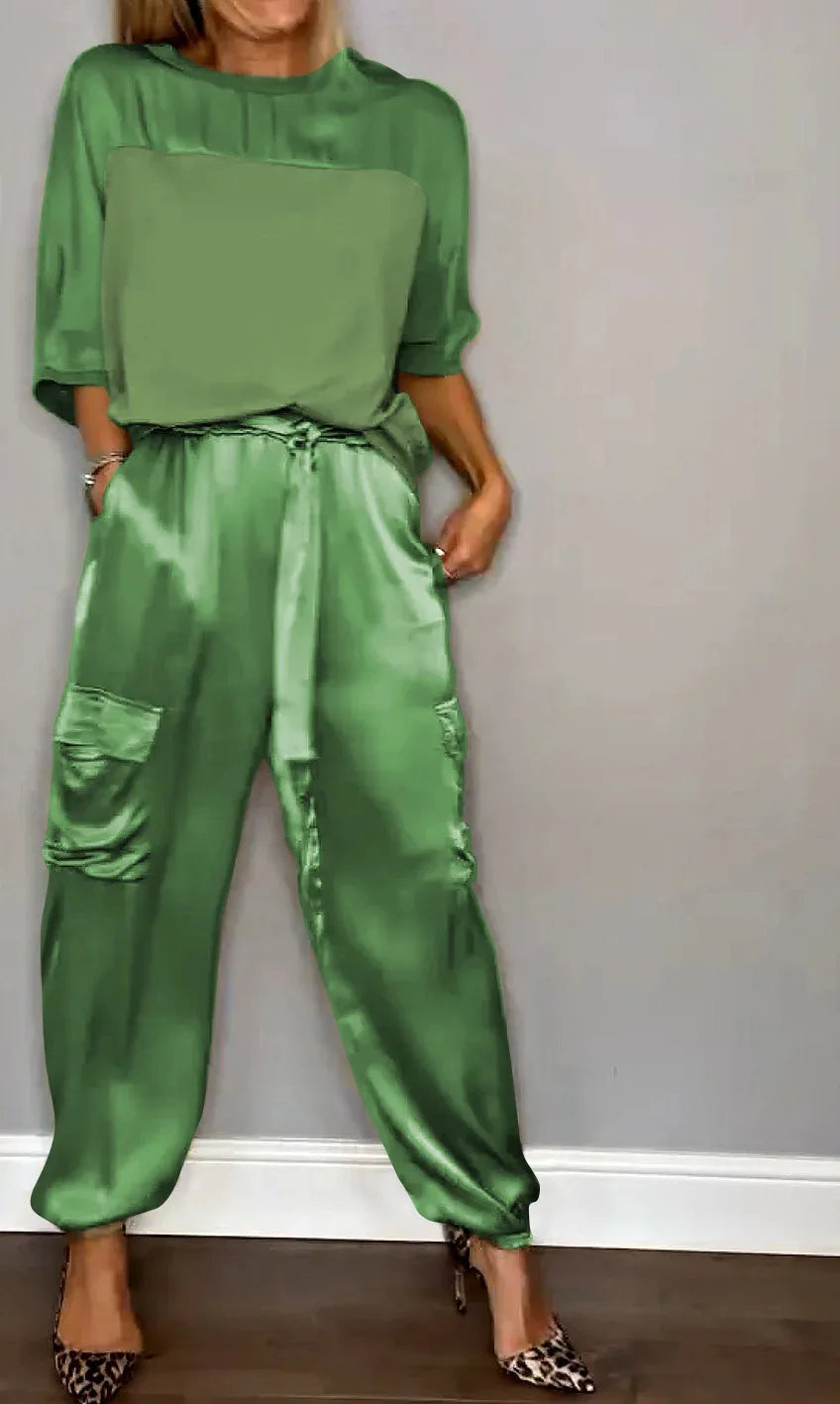 Satin Long-Sleeve Top & Matching Wide-Leg Pants – Timeless Luxe - Viva Bella
