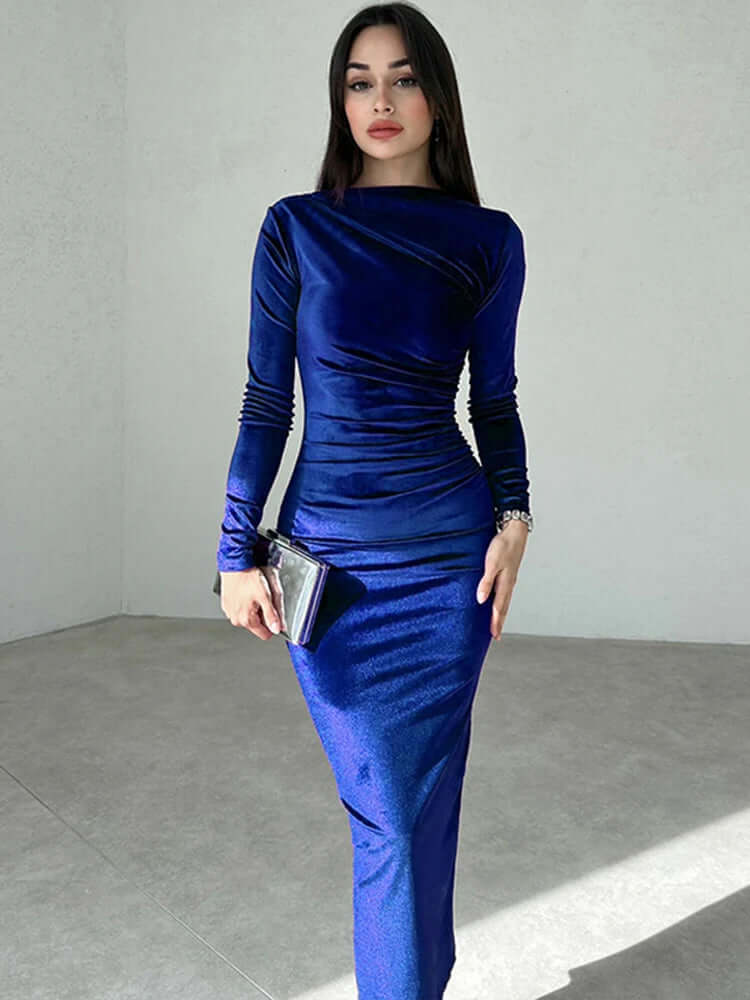 Velvet Midi Dress – Ruched Elegant Evening Wear - Viva Bella