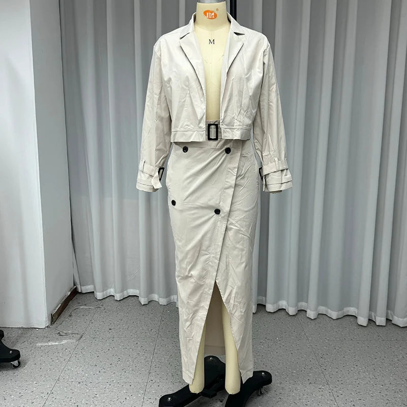 Casual Cargo Temperament Button Belt Dress Set Women Stand Collar Short Jacket Tops and High-waisted Slit Skirt Office Two-Piece