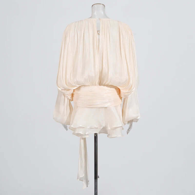 Lace-Up Blouse Mini Dress – V-Neck Long Sleeve Elegance - Viva Bella